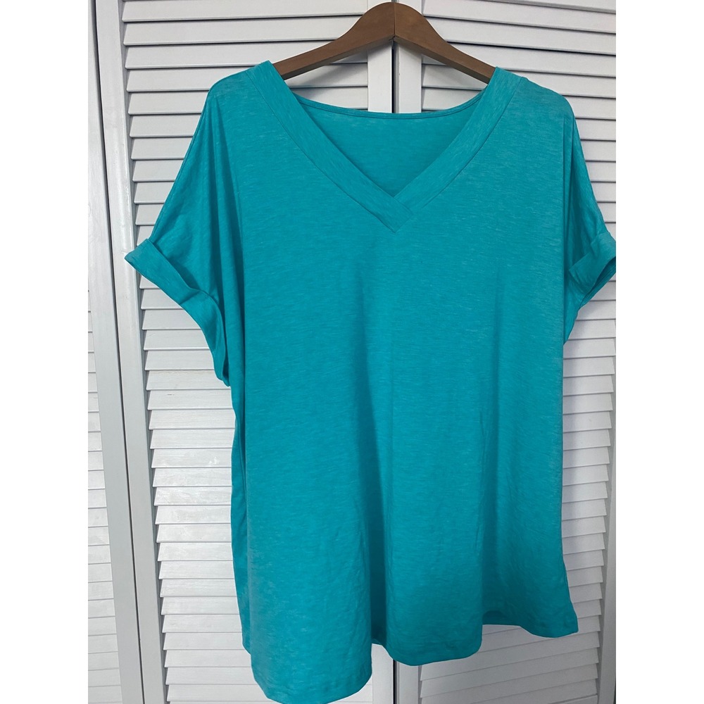 Aqua Blue V-Neck Short Sleeve Cuffed Top XXL Slub Knit Tee